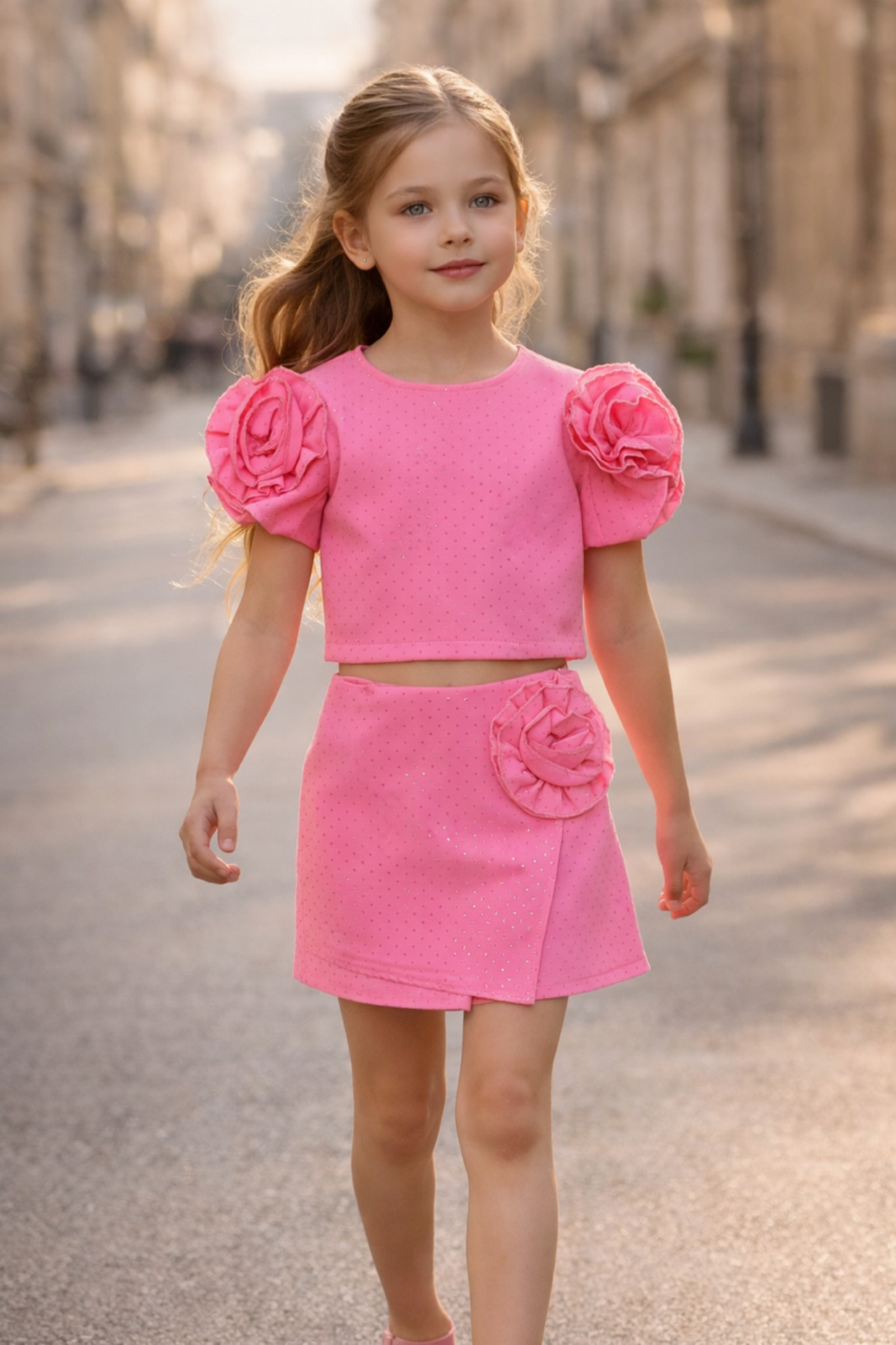 Grossista Squared & Cubed - Completo per bambina: top con decorazioni floreali + gonna pantalone coordinata in tessuto con mini pois scintillanti