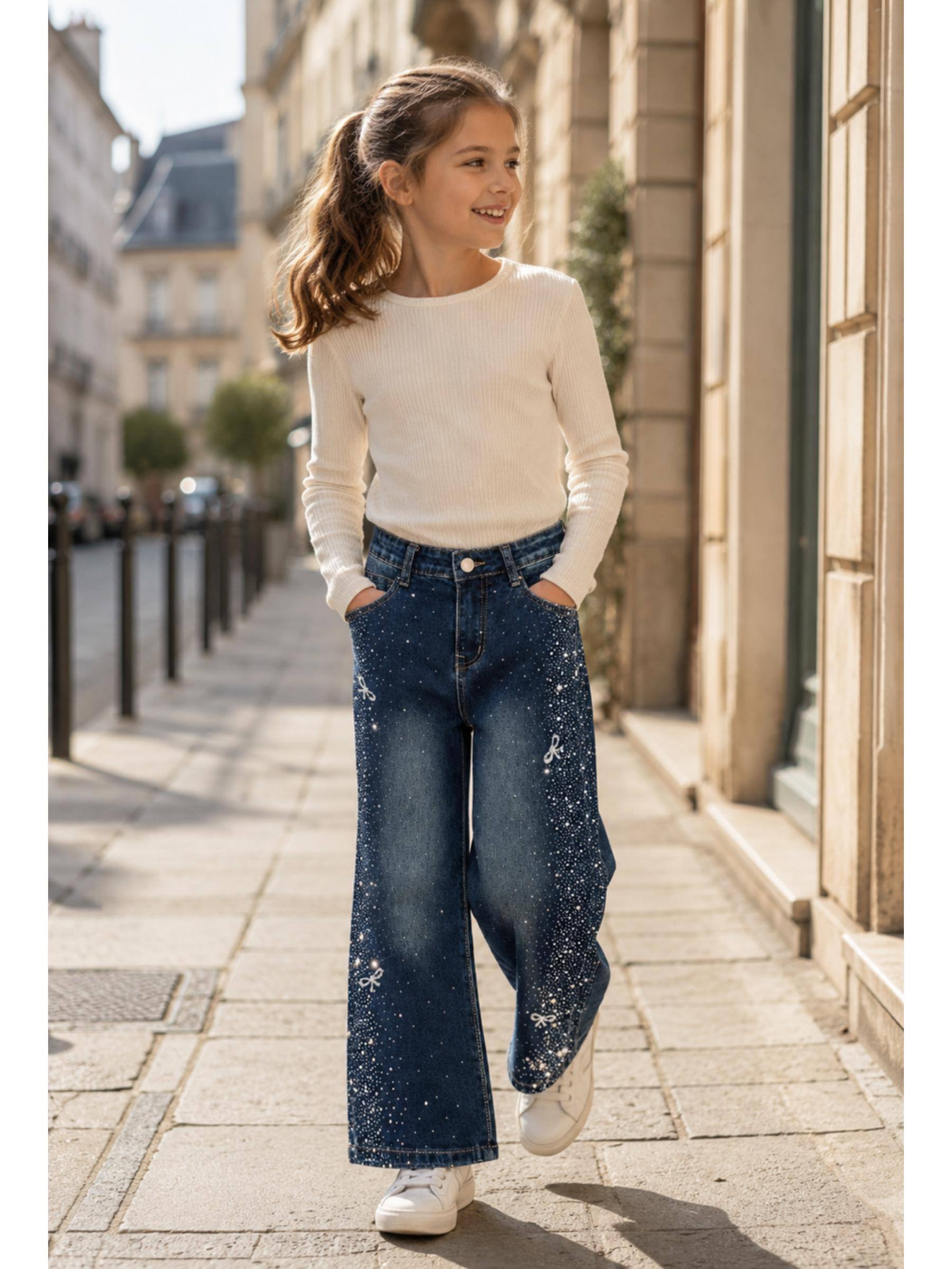 Großhändler Squared & Cubed - Mädchen-Jeans mit weitem Bein und Mini-Strasssteinen