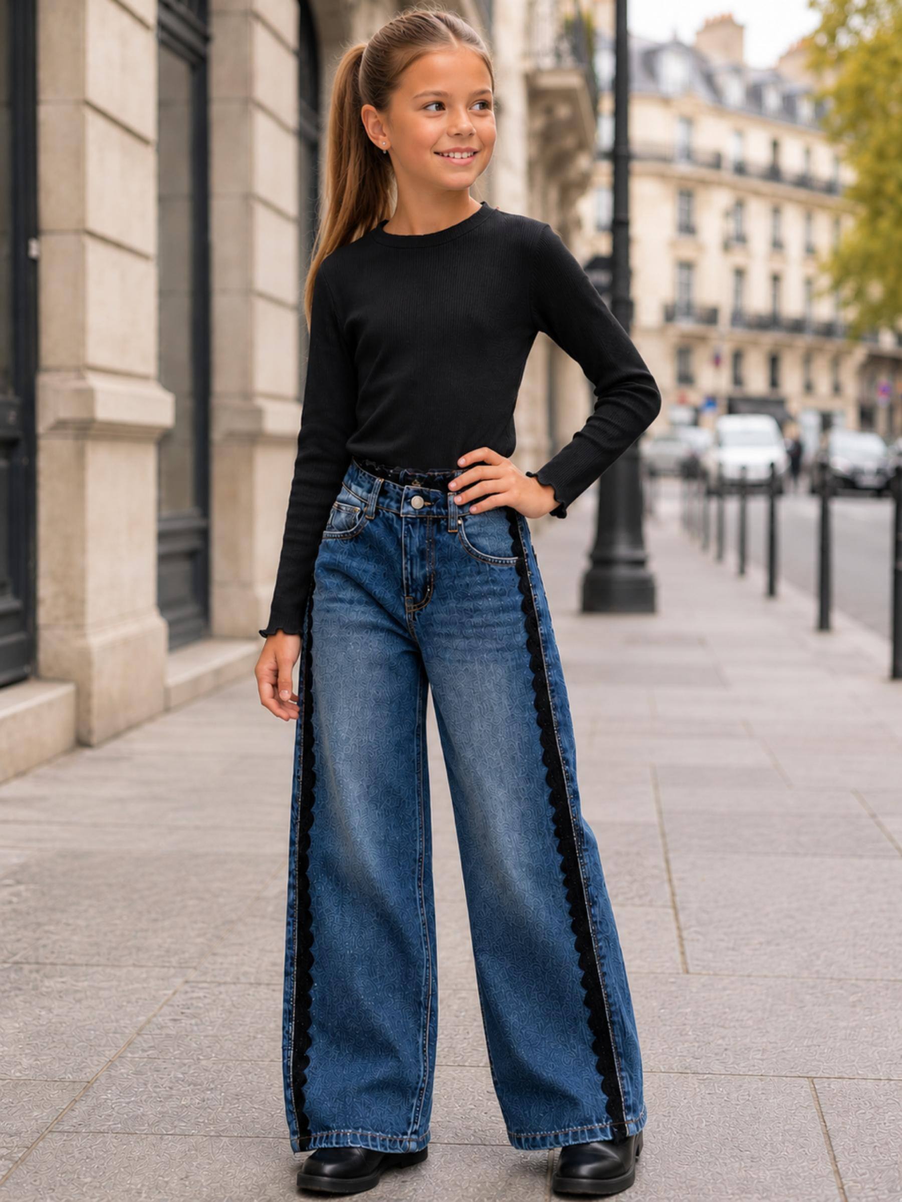 Grossiste Squared & Cubed - Jeans coupe large fille avec dentelle noire