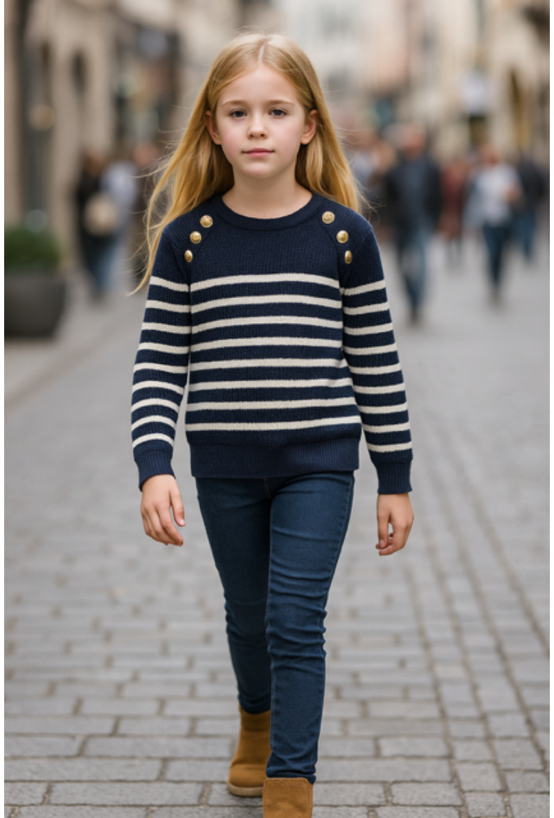 Großhändler Squared & Cubed - Mädchen-Pullover im groben Strick im Marine-Look mit goldenen Knöpfen
