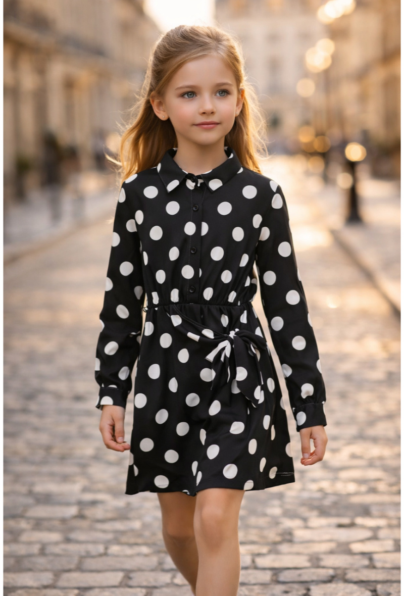 Mayorista Squared & Cubed - Vestido camisero de lunares para niña con drapeado estilo pareo