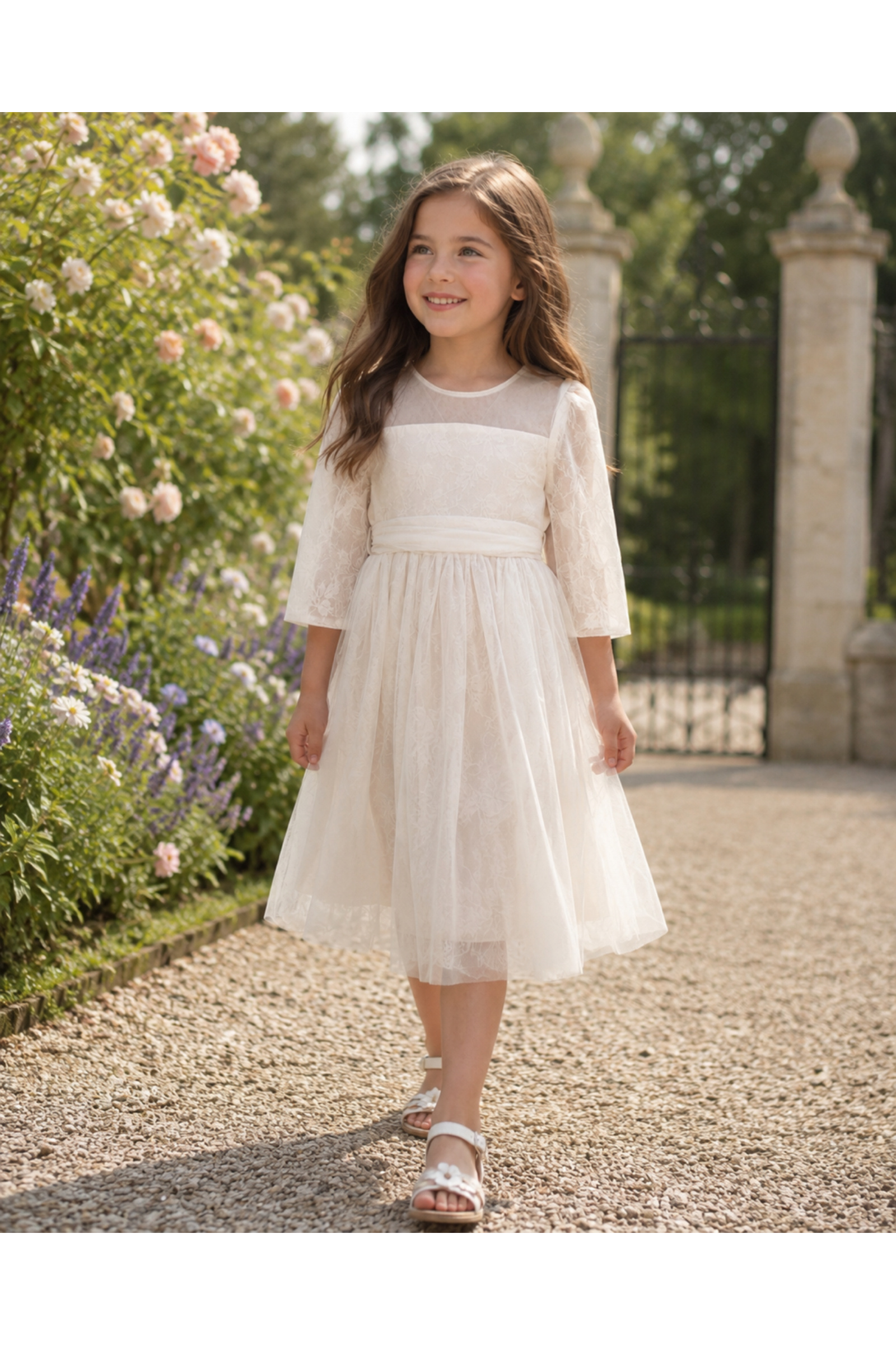 Grossiste Squared & Cubed - Robe de cérémonie fille en dentelle et tulle à manches mi-longues