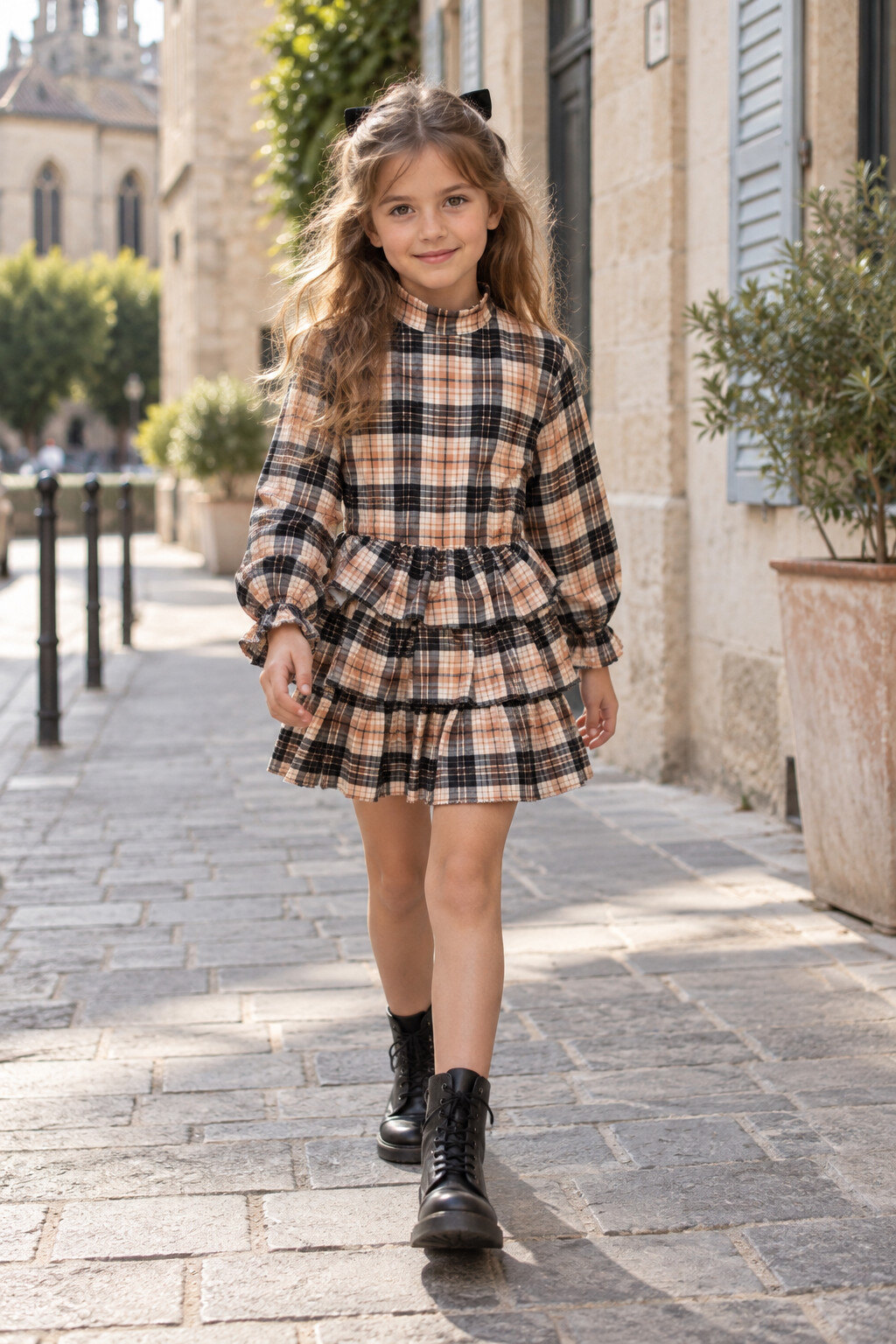 Grossiste Squared & Cubed - Robe fille à volants à encolure mi-col avec imprimé à carreaux