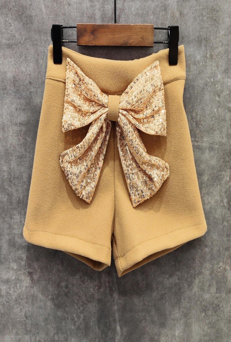Short in lana con fiocco di paillettes - Beige - 1 - formato grande