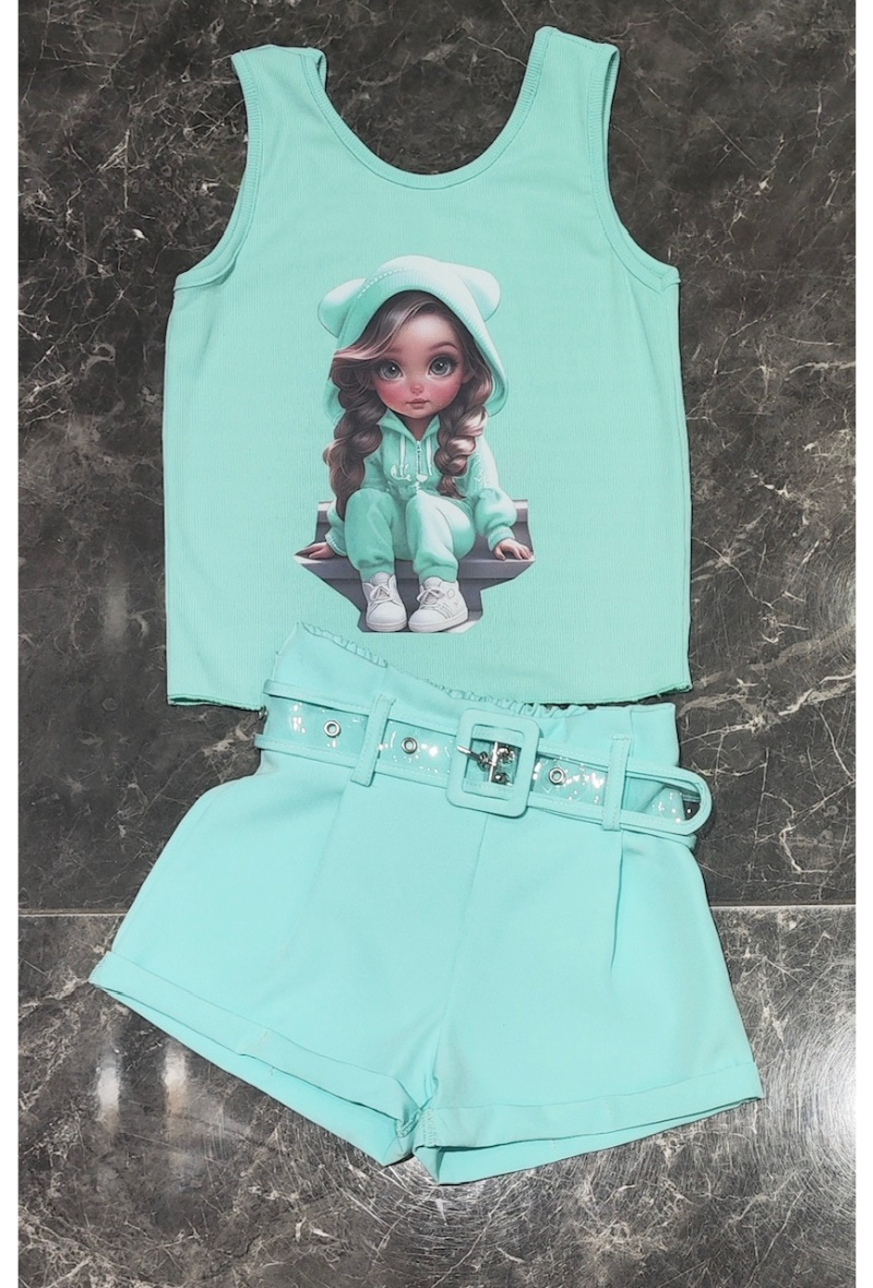 Short ragazza con cintura - Verde Acqua - 2 - formato grande