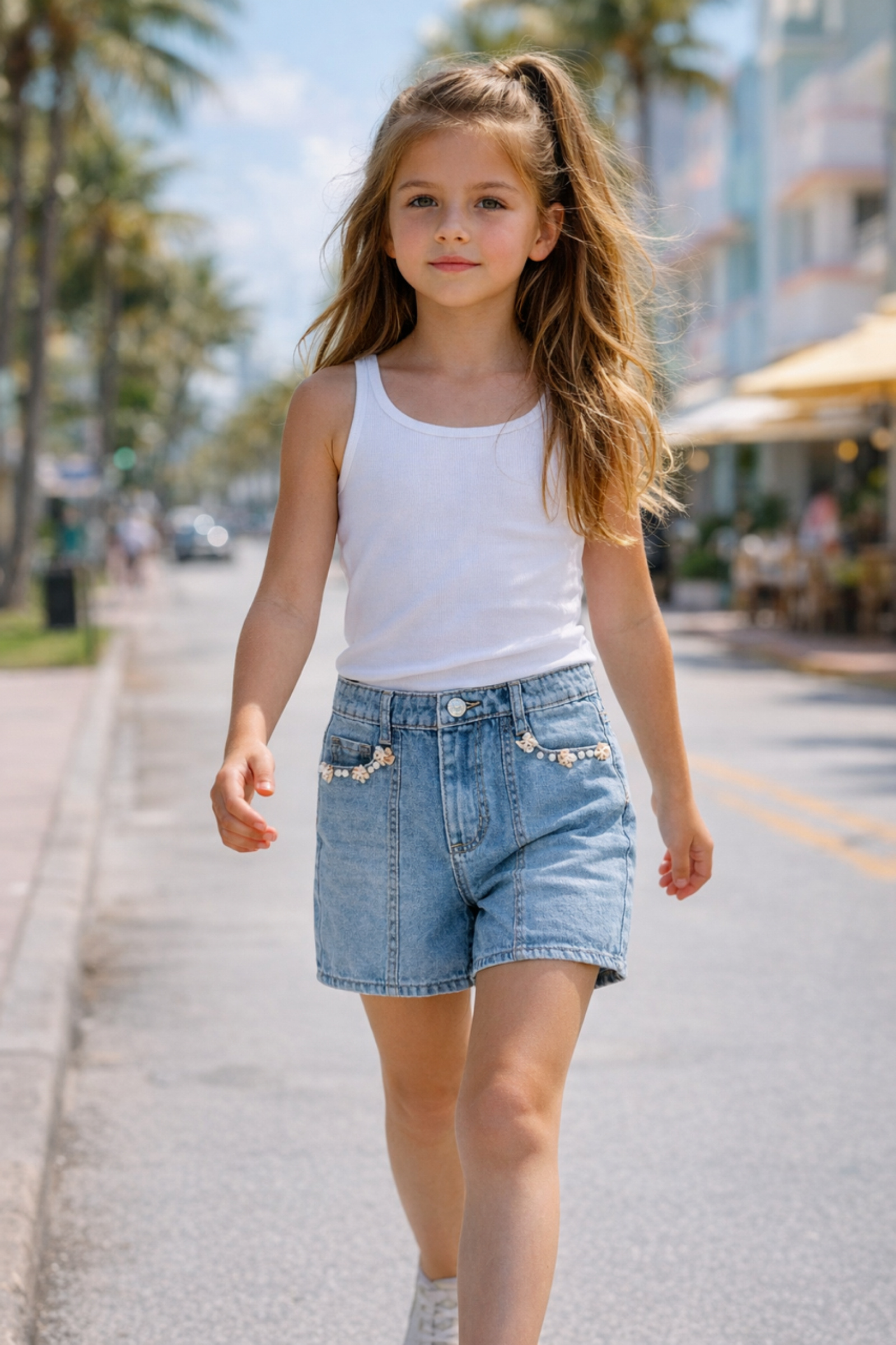 Grossiste Squared & Cubed - Short en jeans fille avec petits ornements coquillages et perles plastiques