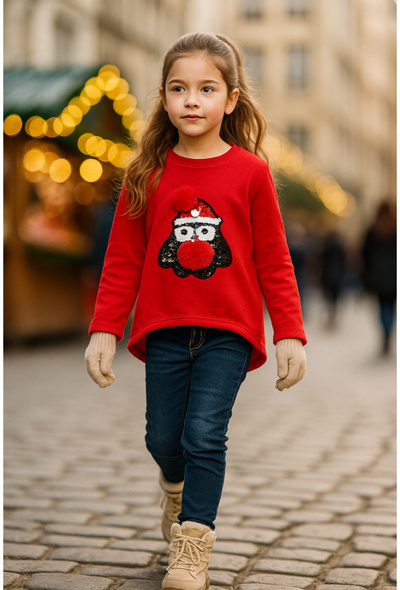 Grossiste Squared & Cubed - Sweat à col rond fille en coton molletonné avec patch pingouin en sequins Grossiste Squared & Cubed - Sweat à col rond fille en coton molletonné avec patch pingouin en sequins