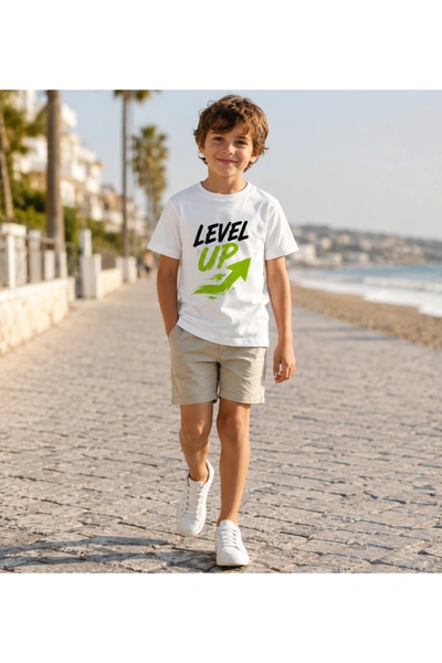 Großhändler Squared & Cubed - Jungen Baumwoll-T-Shirt mit Level Up Druck Großhändler Squared & Cubed - Jungen Baumwoll-T-Shirt mit Level Up Druck