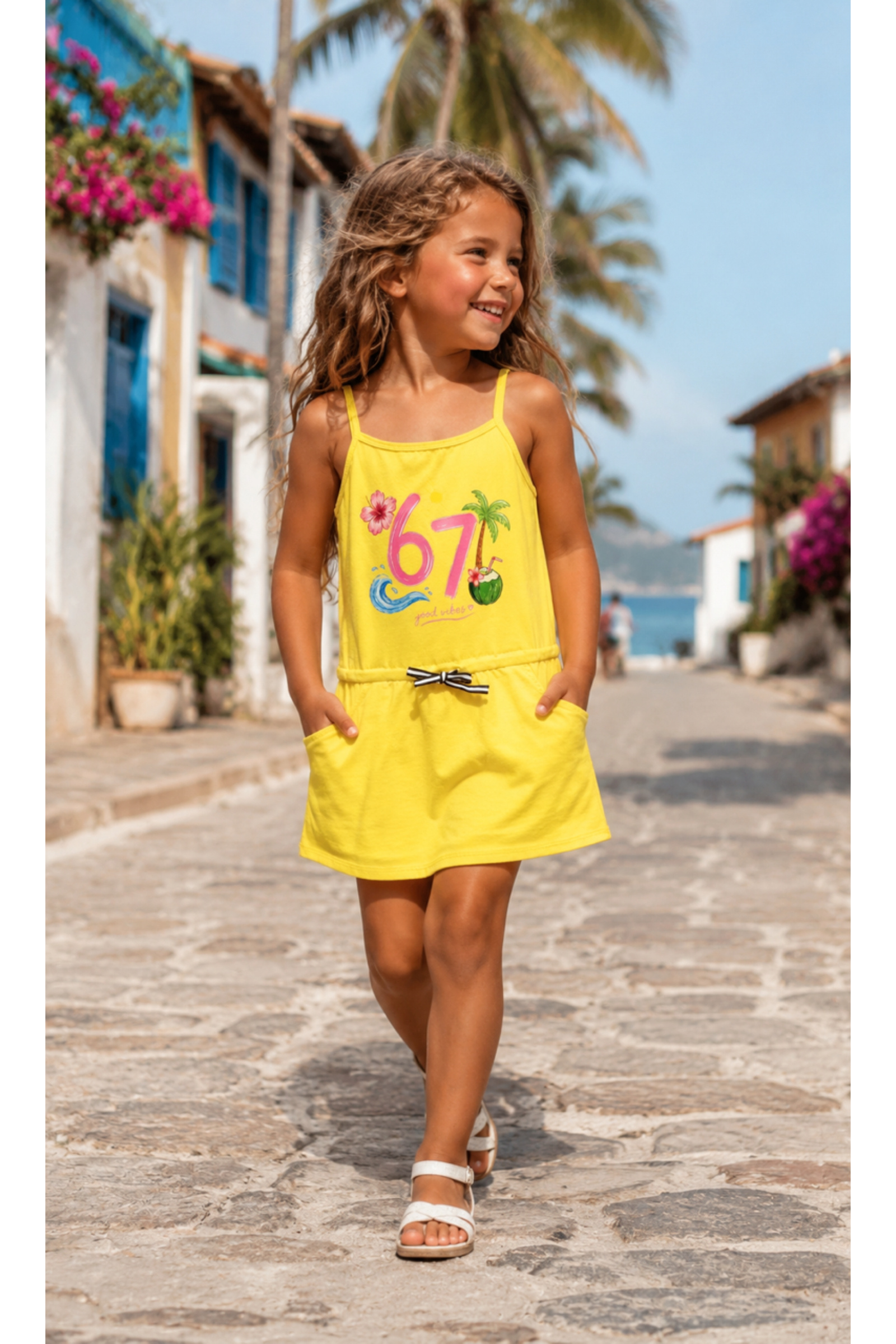 Wholesaler Squared & Cubed - Cotton dress with adjustable straps and a cinched waist featuring a coconut tree print 67