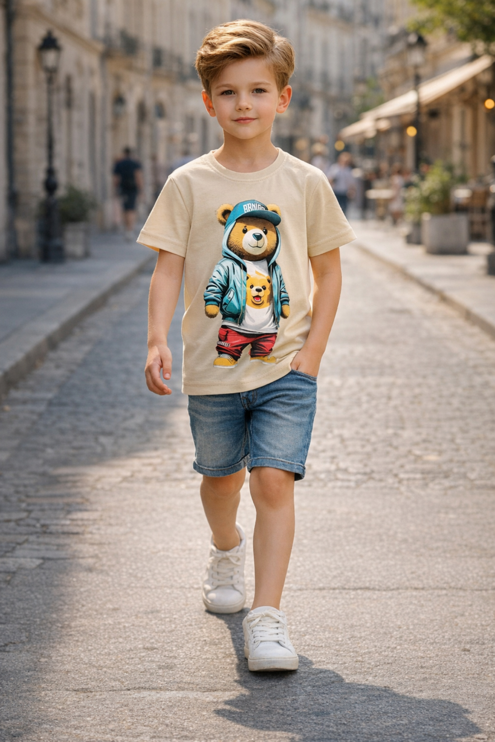 Grossiste Squared & Cubed - Tshirt garçon en coton avec impression ourson ludique streetwear