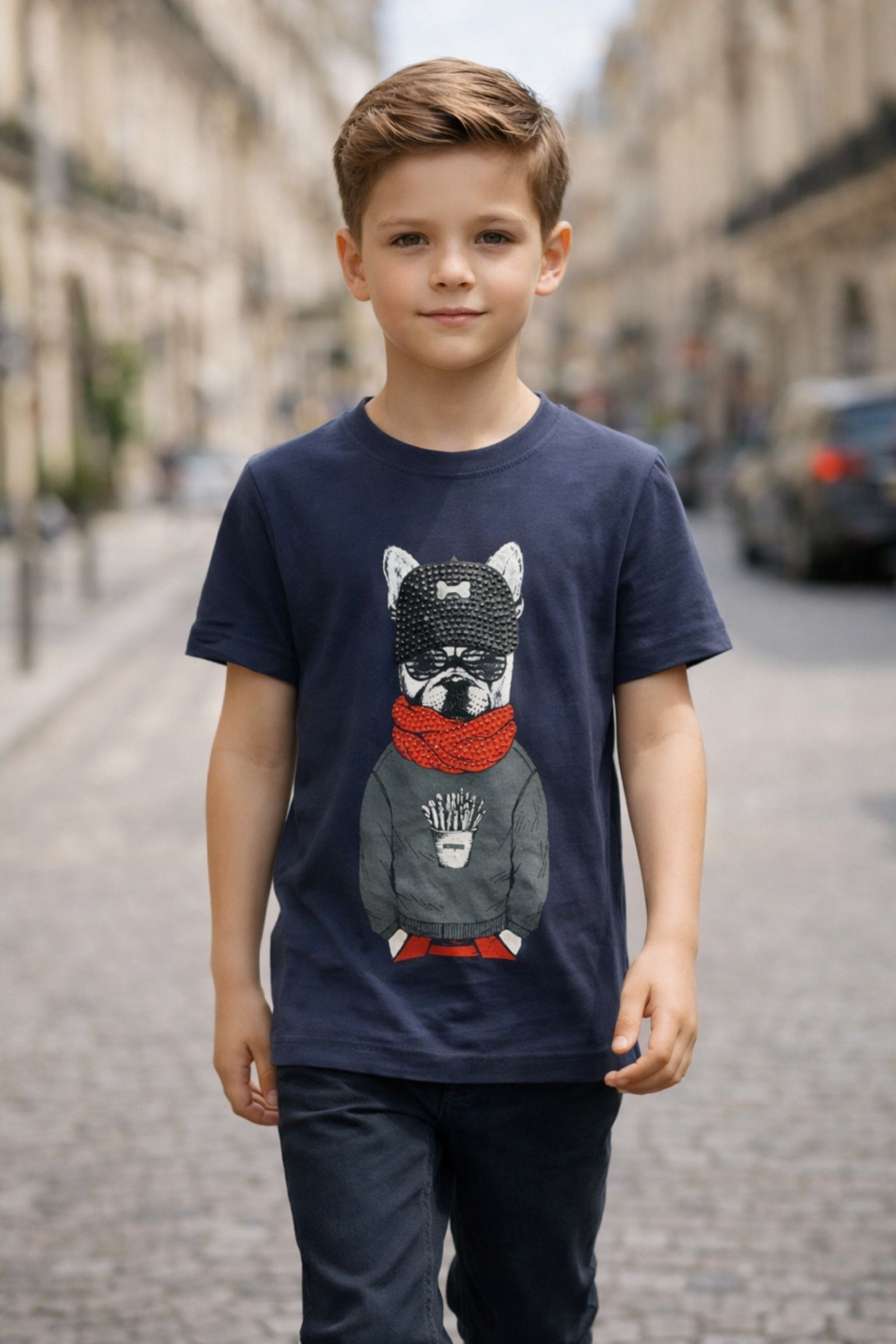Grossista Squared & Cubed - T-shirt bambino in cotone con stampa cane giocoso e strass