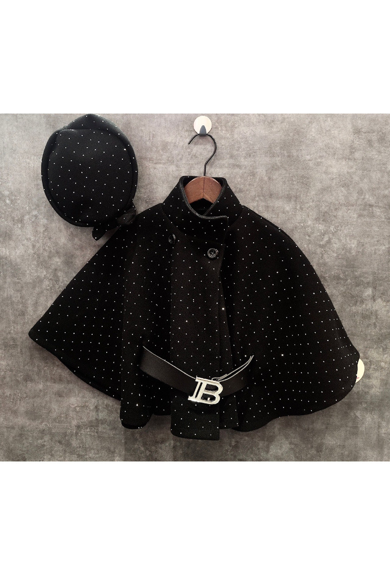 Grossista Squared & Cubed - Giacca mantella in lana con piccoli strass diamantati + cappellino abbinato