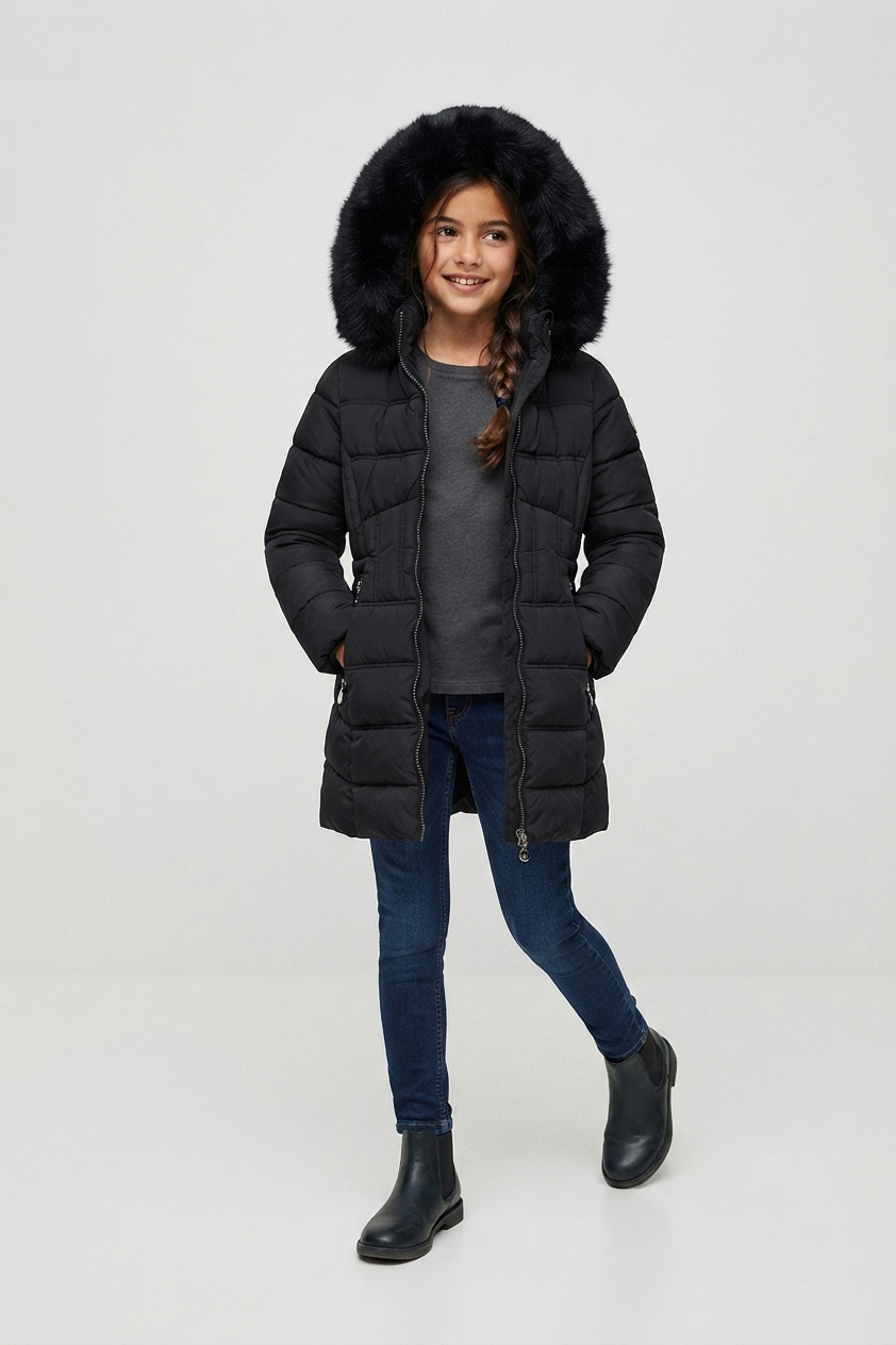 Grossiste Sweety Fashion - Doudoune longue matelassée à capuche fourrée pour fille