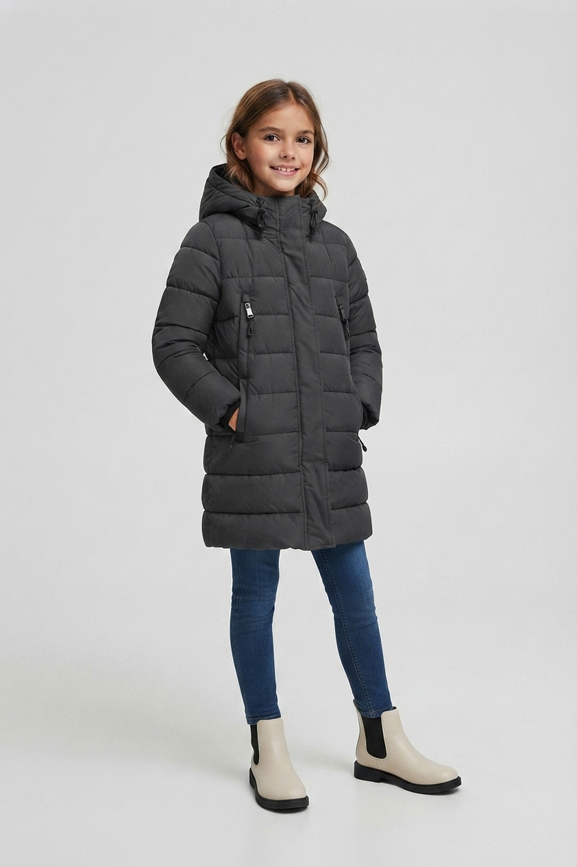 Mayorista Sweety Fashion - Abrigo largo acolchado con capucha para niña