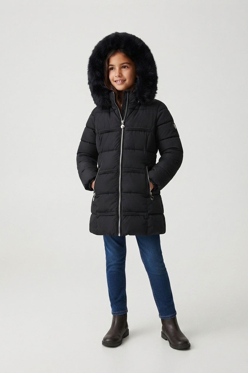 Grossiste Sweety Fashion - Doudoune longue matelassée à capuche fourrée pour fille