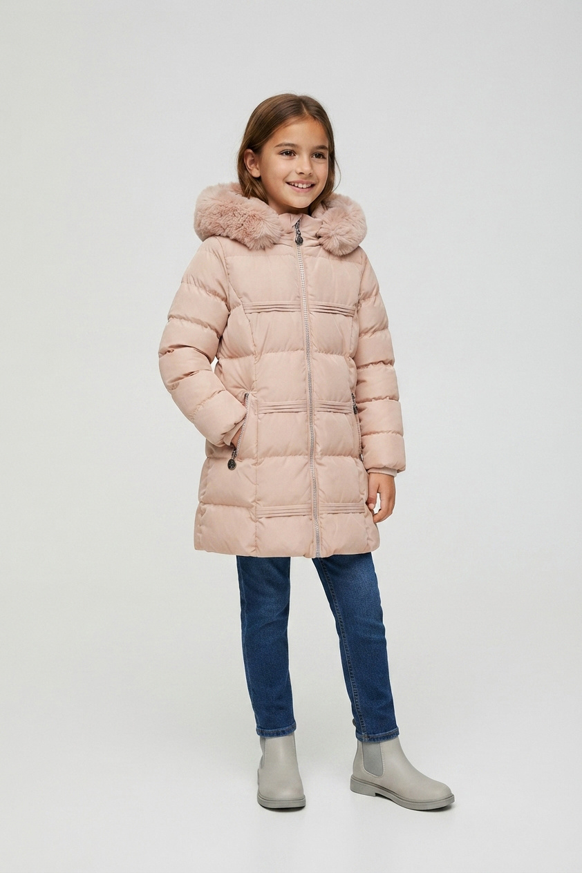 Mayorista Sweety Fashion - Abrigo largo acolchado con capucha de piel sintética para niña