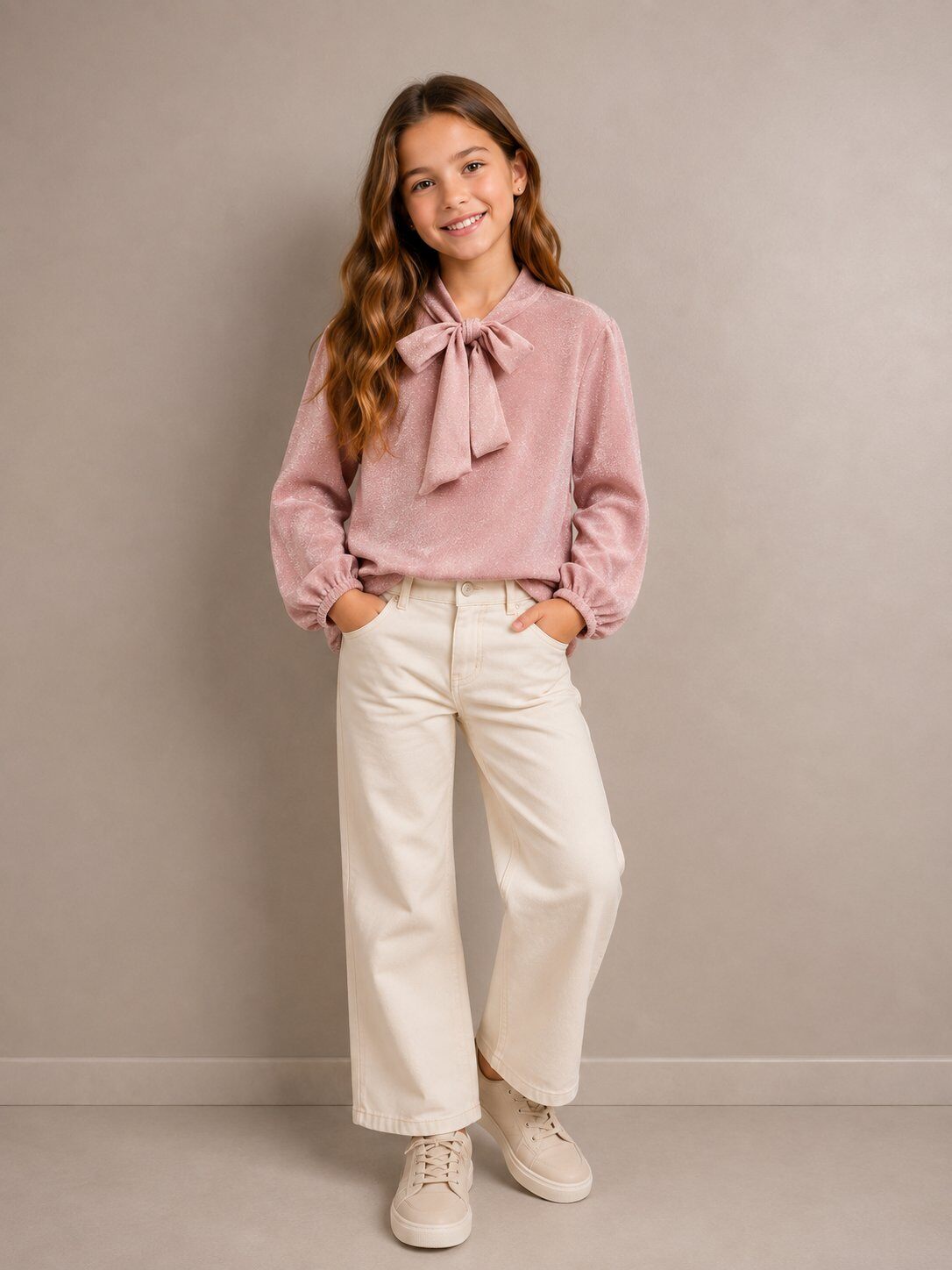 Mayorista Tiffany fashion - Blusa elegante para niña con lazo en el cuello, mangas largas y delicado efecto brillante