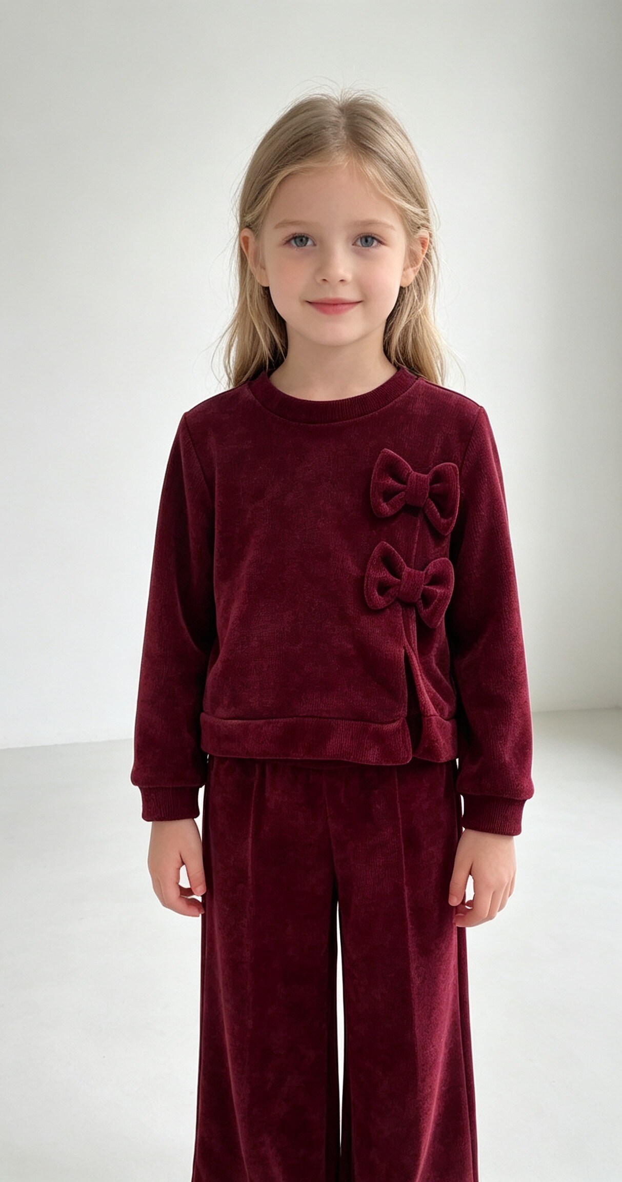 Grossiste Tiffany fashion - Ensemble fille en velours avec nœuds décoratifs et pantalon à jambe large : doux, élégant et parfait pour toutes les occasions (2-12 ans).