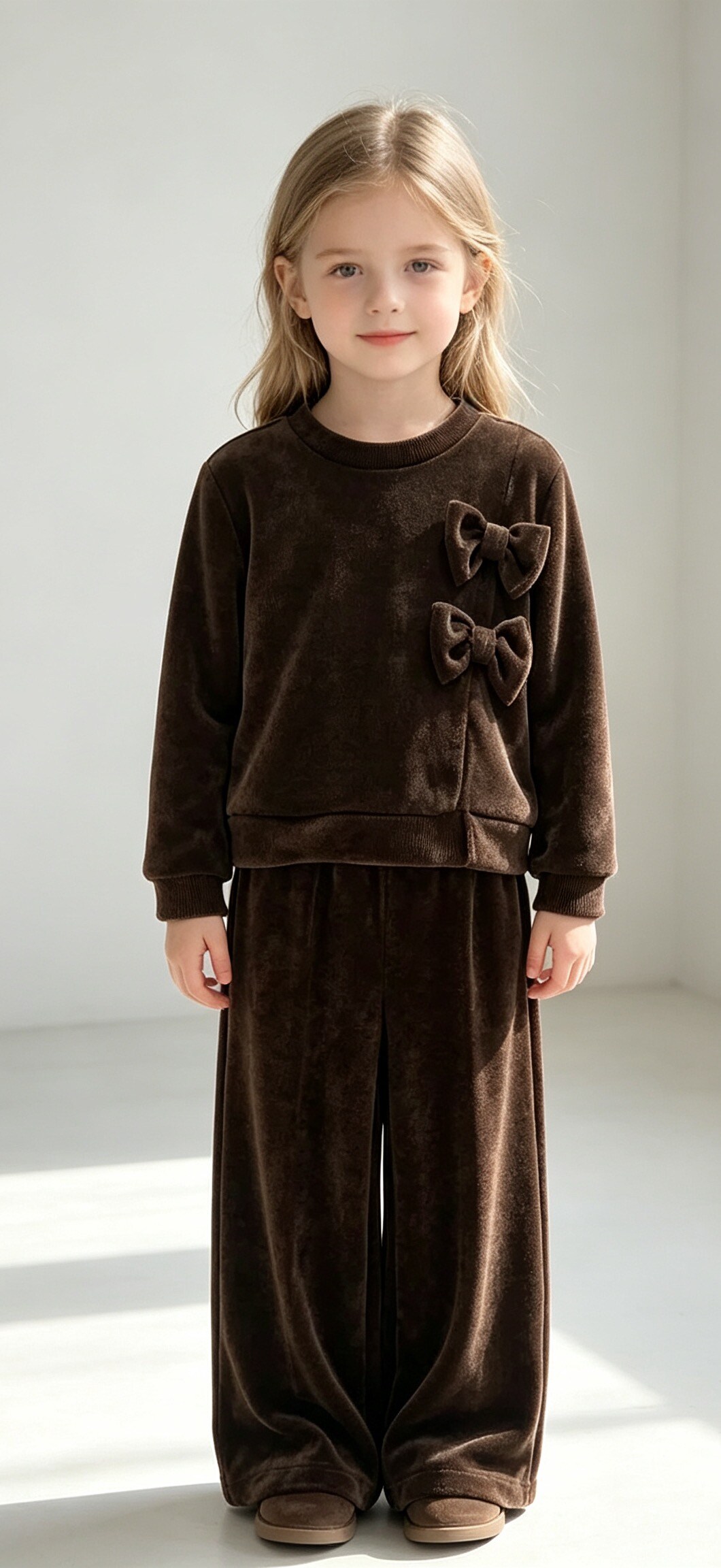 Großhändler Tiffany fashion - Mädchen-Set aus Velours mit dekorativen Schleifen und weit geschnittenen Hosen: weich, elegant und perfekt für jeden Anlass (2-12 Jahre).