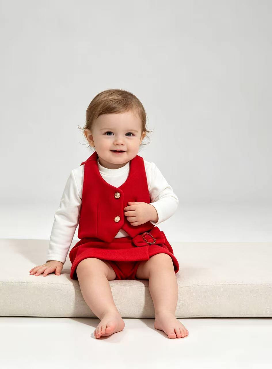 Grossiste Tiffany fashion - Ensemble trois pièces raffiné pour fille composé d'un pull à manches longues, d'un gilet assorti et d'une jupe-culotte avec boucle décorative