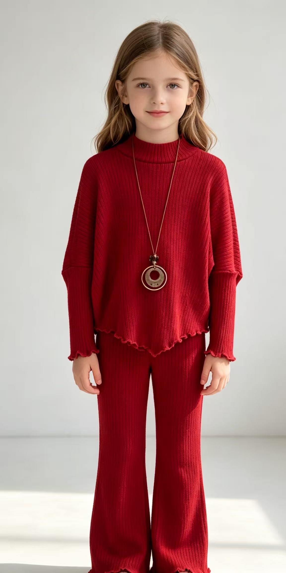 Mayorista Tiffany fashion - Conjunto de niña elegante y cómodo. Hermoso conjunto compuesto por un jersey de cuello alto con mangas anchas y pantalón largo de campana + COLLAR