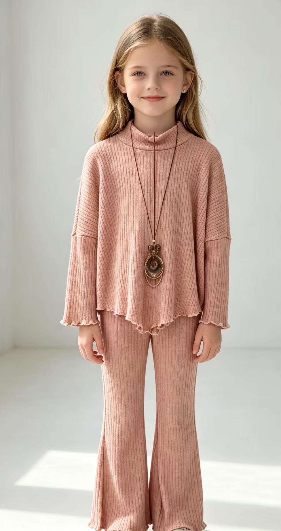 Wholesaler Tiffany fashion - Elegant and comfortable girl's outfit. Beautiful set consisting of a turtleneck top with wide sleeves and long flared pants + NECKLACE