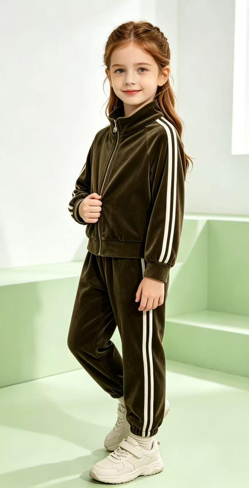 Grossiste Tiffany fashion - Ensemble fille en velours doux, composé d'une veste zippée avec bandes latérales