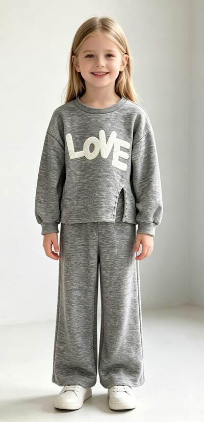 Grossiste Tiffany fashion - Ensemble sweat et pantalon pour fille "LOVE" Parfait pour un look décontracté et confortable, idéal pour l'école, les loisirs et les journées en plein air. Grossiste Tiffany fashion - Ensemble sweat et pantalon pour fille "LOVE" Parfait pour un look décontracté et confortable, idéal pour l'école, les loisirs et les journées en plein air.