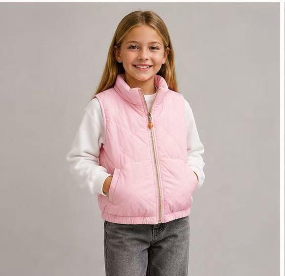 Grossiste Tiffany fashion - Gilet matelassé pour fille, léger et confortable, avec fermeture éclair frontale et poches pratiques, parfait pour la mi-saison et disponible en plusieurs couleurs.