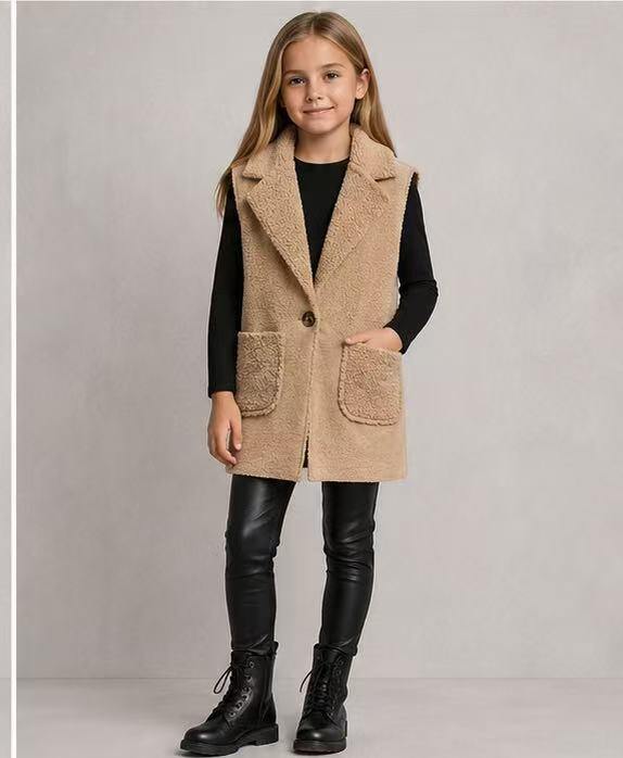 Mayorista Tiffany fashion - Chaleco efecto borrego para niña. Suave, cálido y súper moderno, con solapa elegante, cierre de botón y prácticos bolsillos frontales.