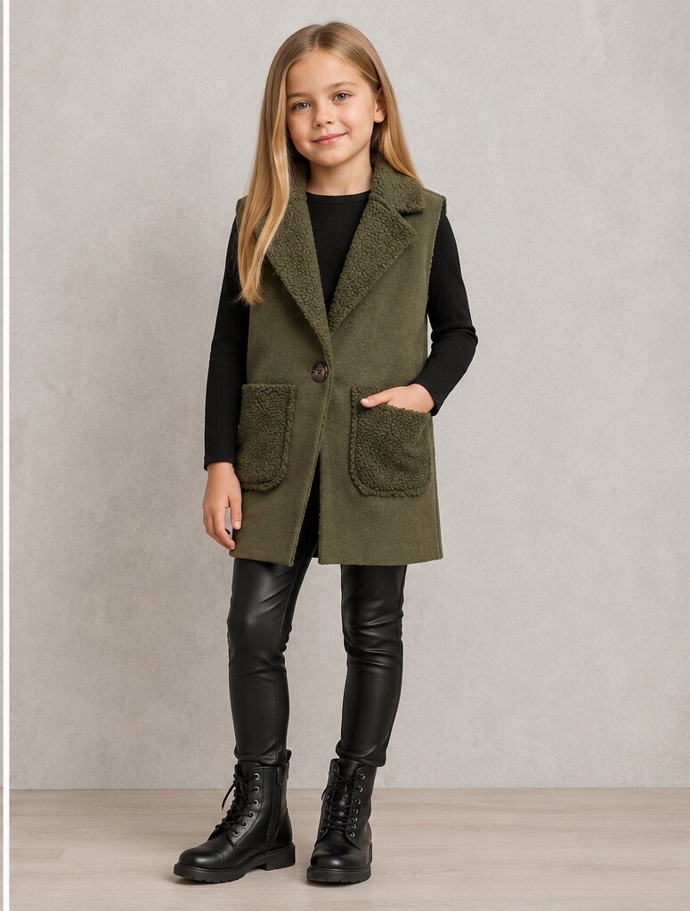 Mayorista Tiffany fashion - Chaleco efecto borrego para niña. Suave, cálido y súper moderno, con solapa elegante, cierre de botón y prácticos bolsillos frontales.