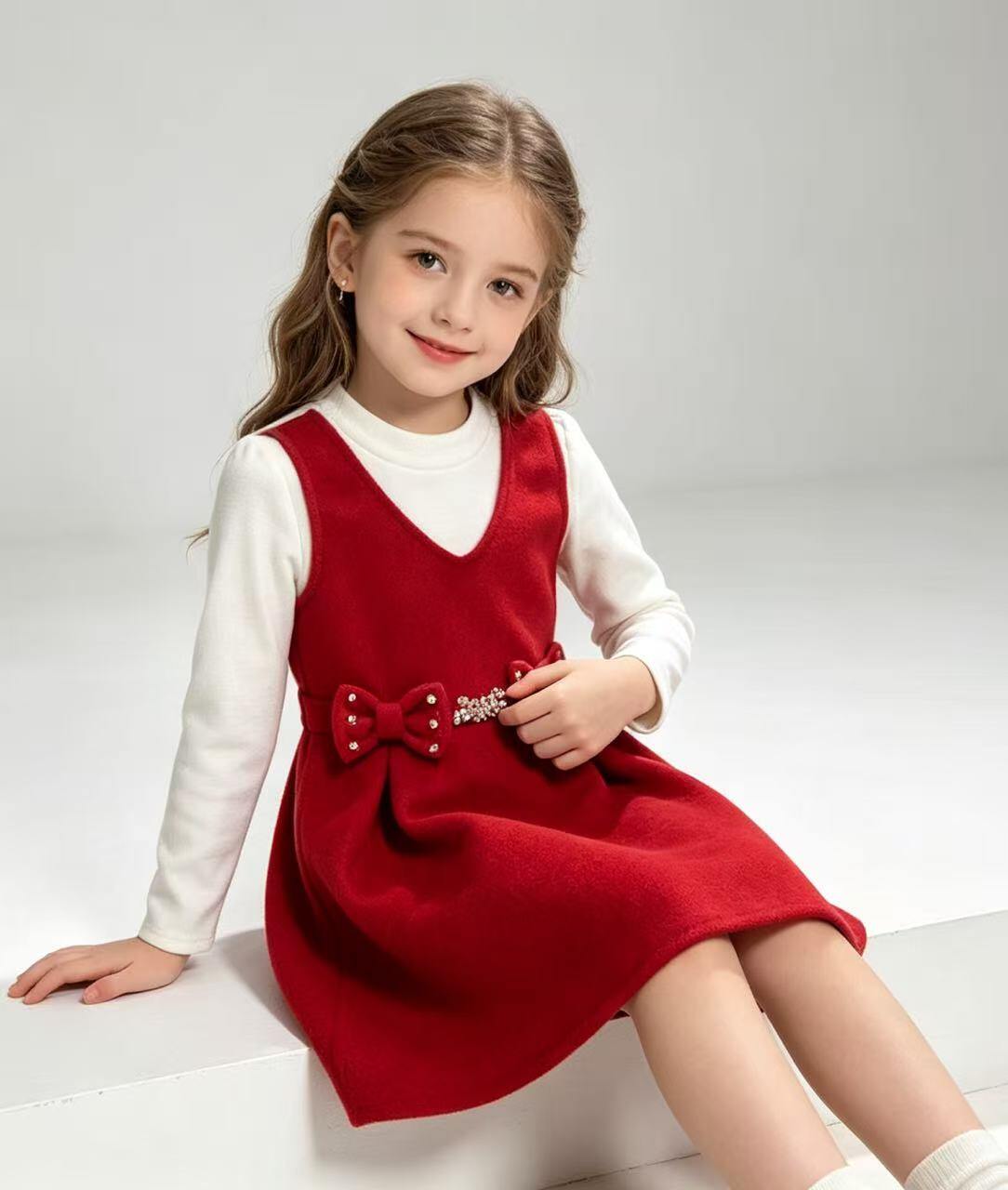 Grossiste Tiffany fashion - Robe élégante pour fille avec nœud à la taille, disponible en beige, rose et rouge, idéale pour un look raffiné et romantique ✨241365