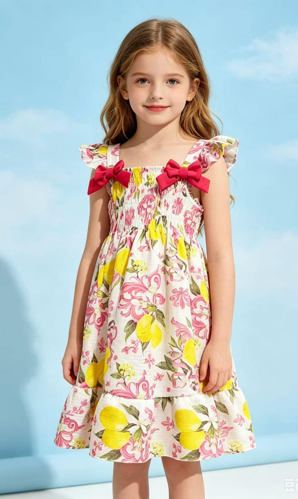 Wholesaler Tiffany fashion - PRINTED DRESS WITH COTTON FABRIC. COLORED BOWS MATCHING THE FRUIT PRINT.