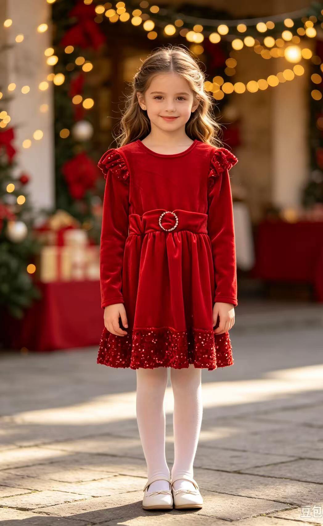 Mayorista Tiffany fashion - Elegante vestido de manga larga para niña. Con un cinturón en la cintura con hebilla circular brillante, volantes decorados con lentejuelas.