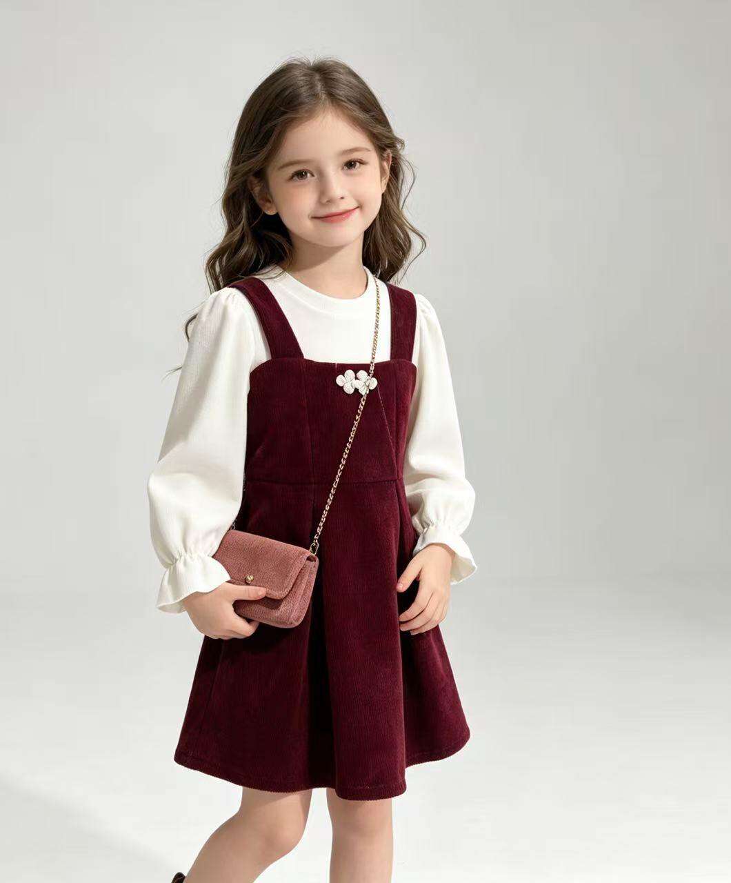 Grossiste Tiffany fashion - Ensemble Élégant 2 Pièces Fille : Robe FAUSSE Salopette avec Chemisier et Sac Coordonné (Art. 261012) – Âge 2-12 Ans