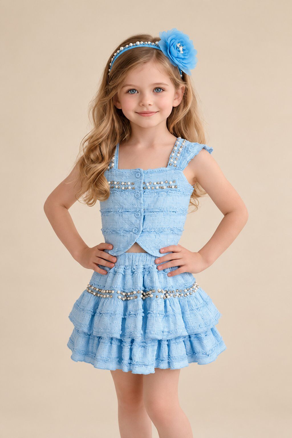 Wholesaler Yoyo S. - Pearl-trimmed ruffle top and skirt set