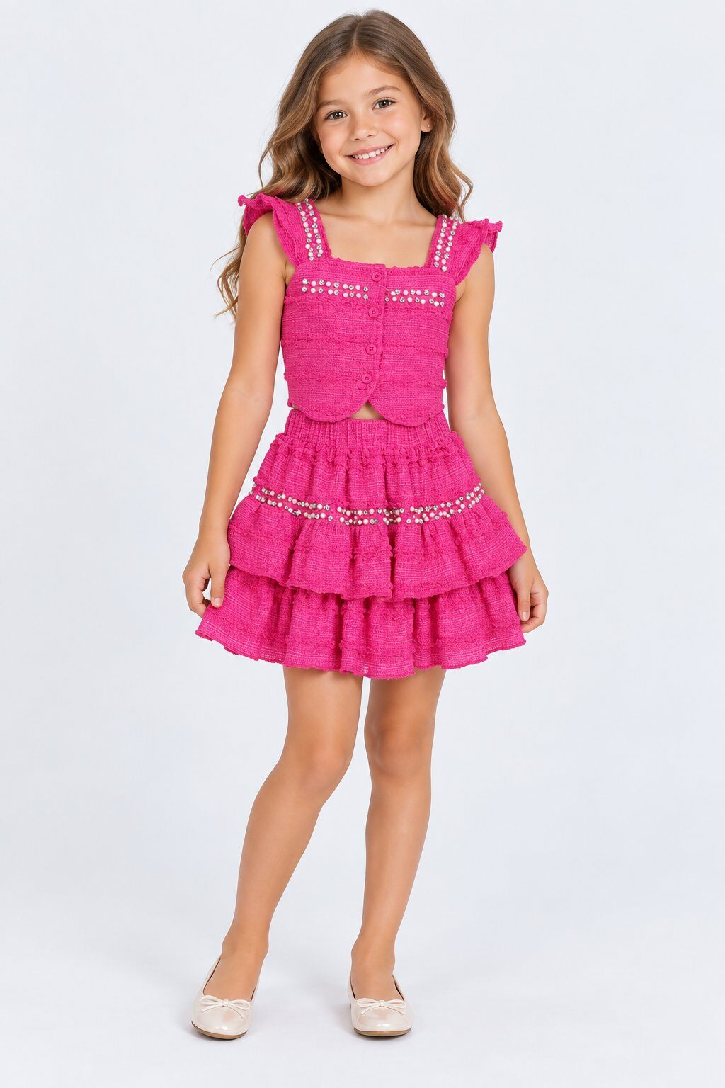 Wholesaler Yoyo S. - Pearl-trimmed ruffle top and skirt set