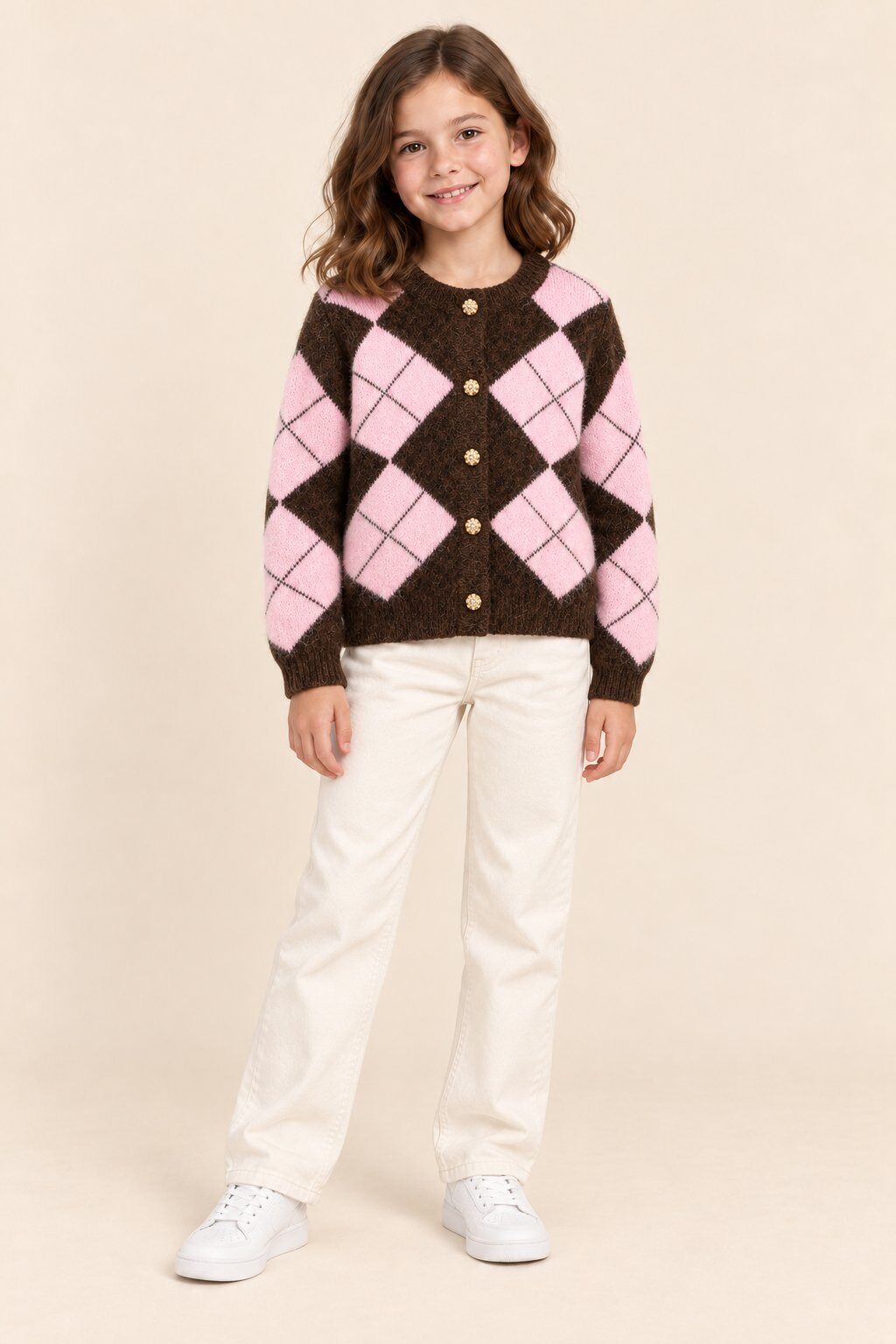 Grossiste Yoyo S. - Cardigan fille en maille à losanges et boutons dorés