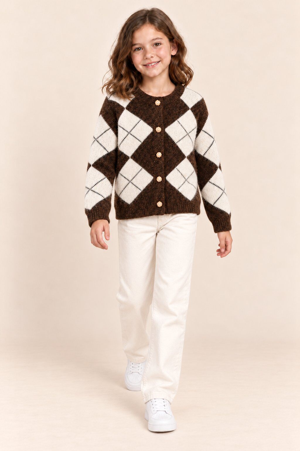 Grossiste Yoyo S. - Cardigan fille en maille à losanges et boutons dorés