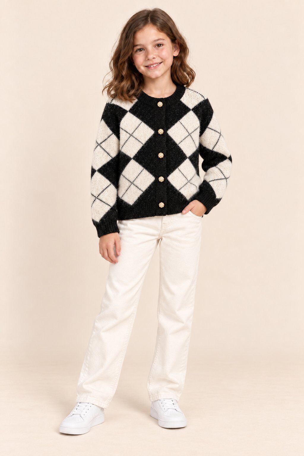 Grossiste Yoyo S. - Cardigan fille en maille à losanges et boutons dorés