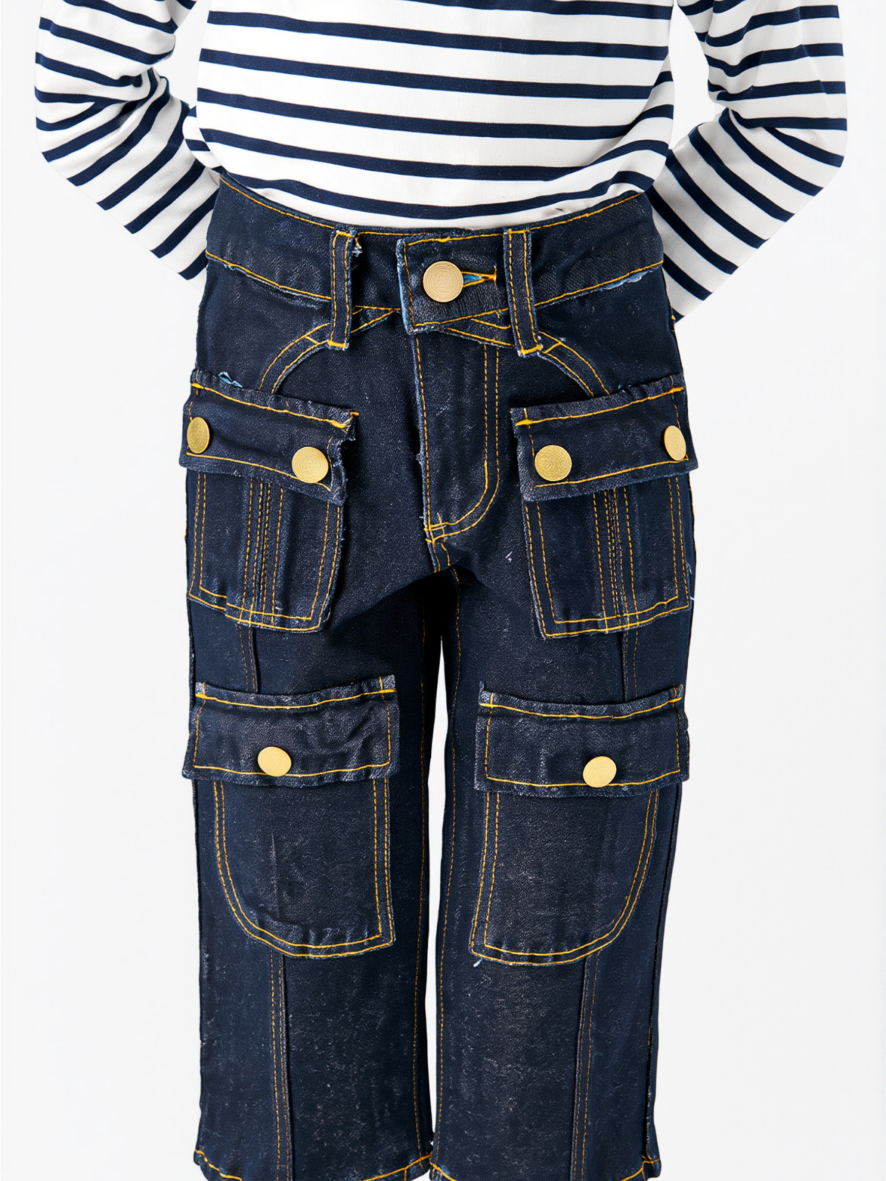 Grossiste Yoyo S. - Jean cargo brut à surpiqûres contrastées et multi-poches