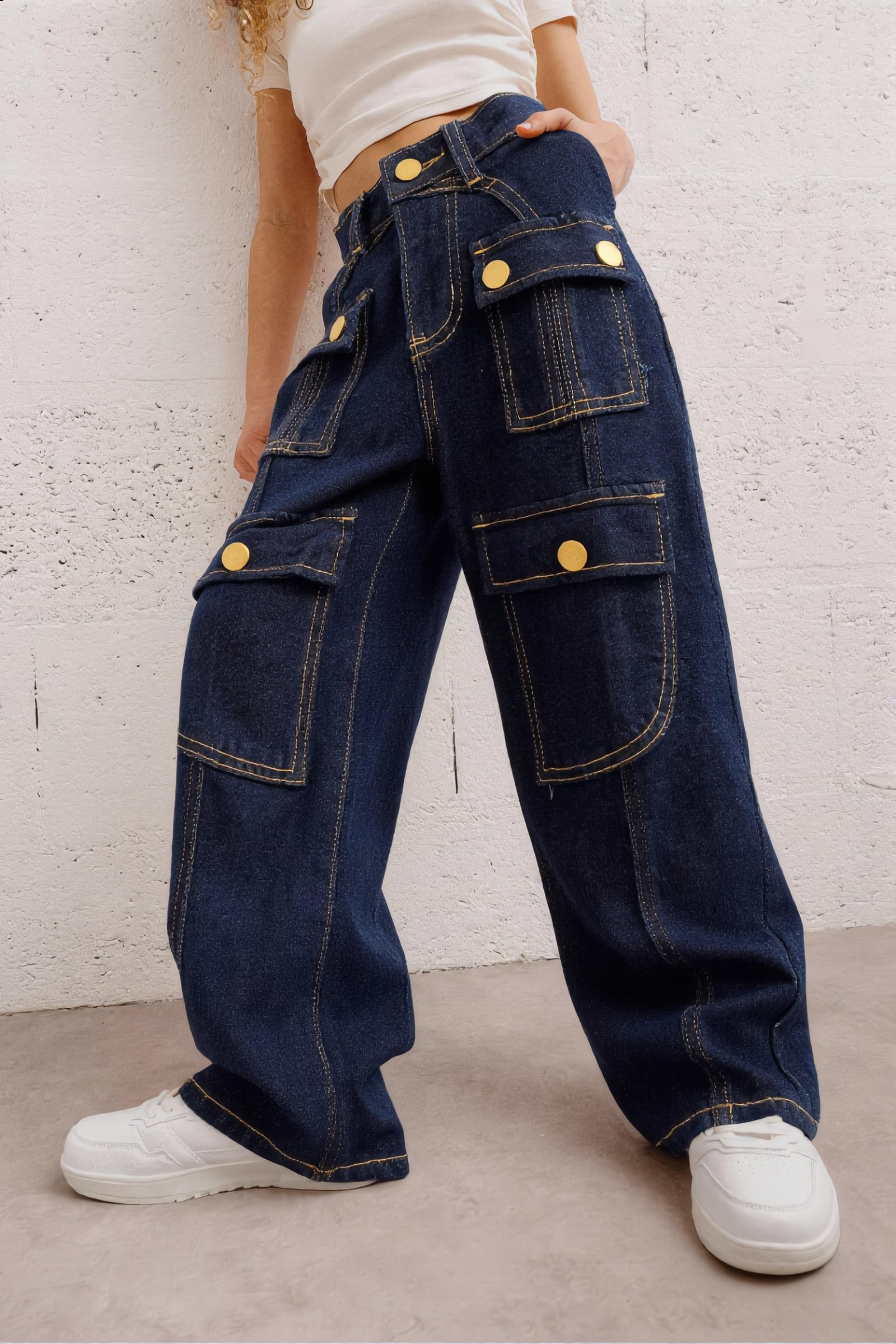 Grossiste Yoyo S. - Jean cargo brut à surpiqûres contrastées et multi-poches
