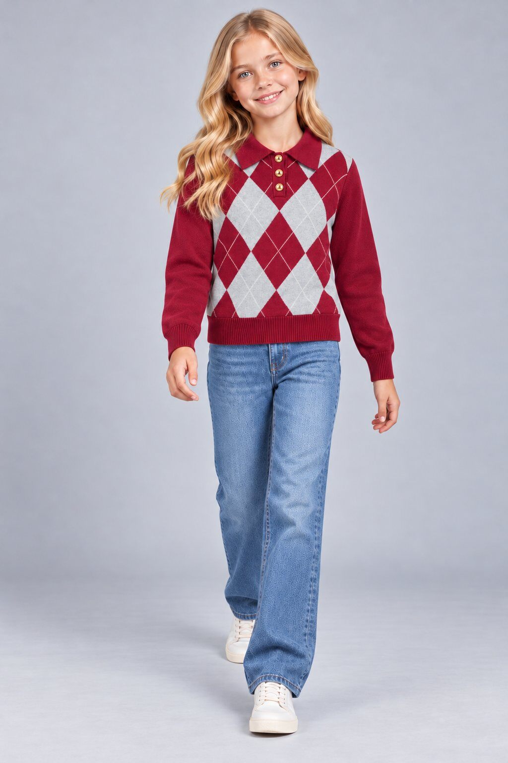 Grossiste Yoyo S. - Pull fille à col polo et motif losanges