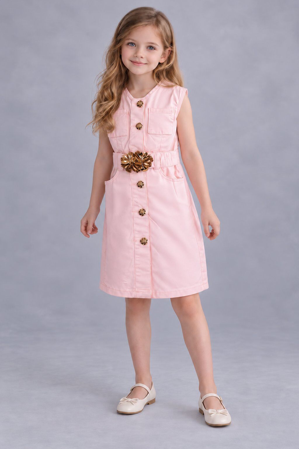 Mayorista Yoyo S. - Vestido sin mangas con botones de rosa y cinturón