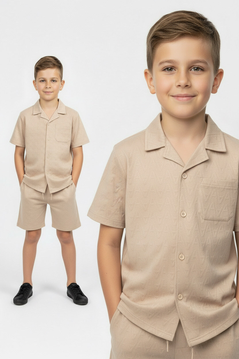 Mayorista Boomkids - Conjunto infantil con camisa y pantalones cortos con tela estampada