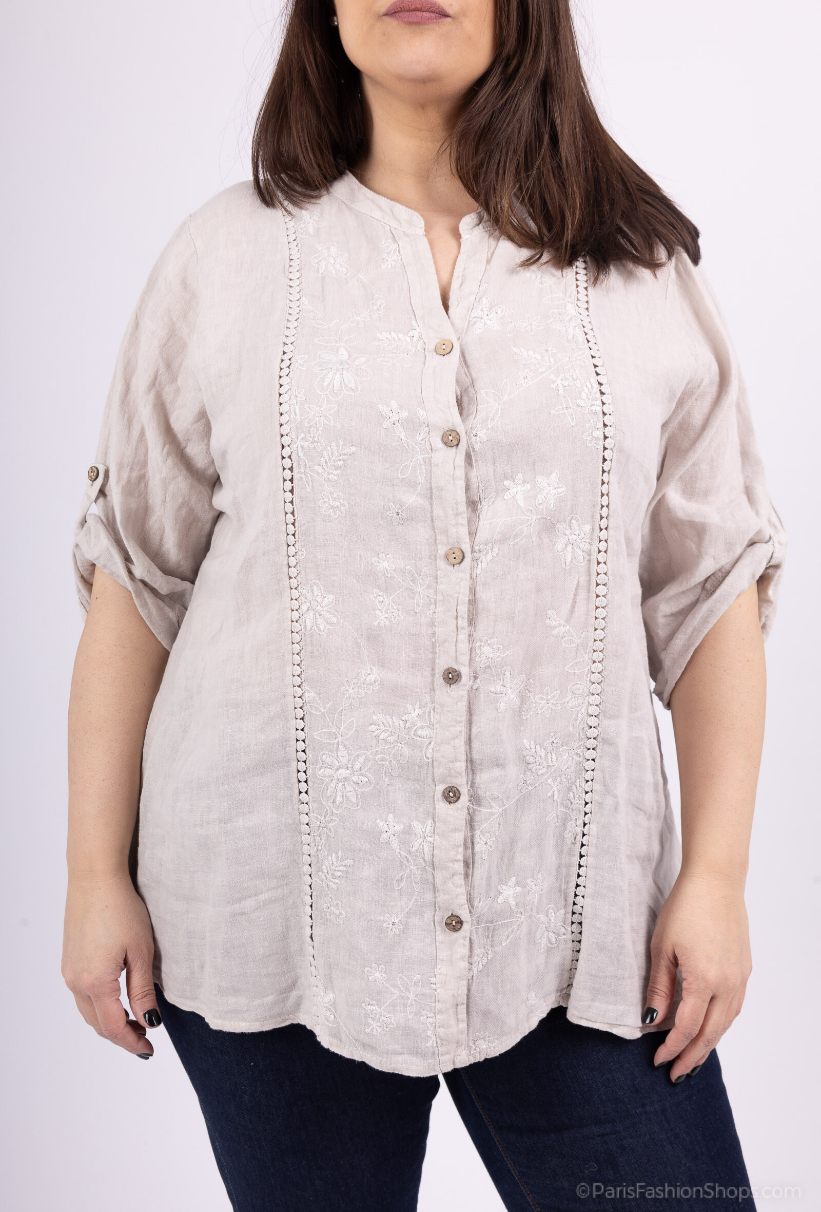 Wholesaler 123LINO - Open embroide shirt MAO MAO Size Sleeve 3/4