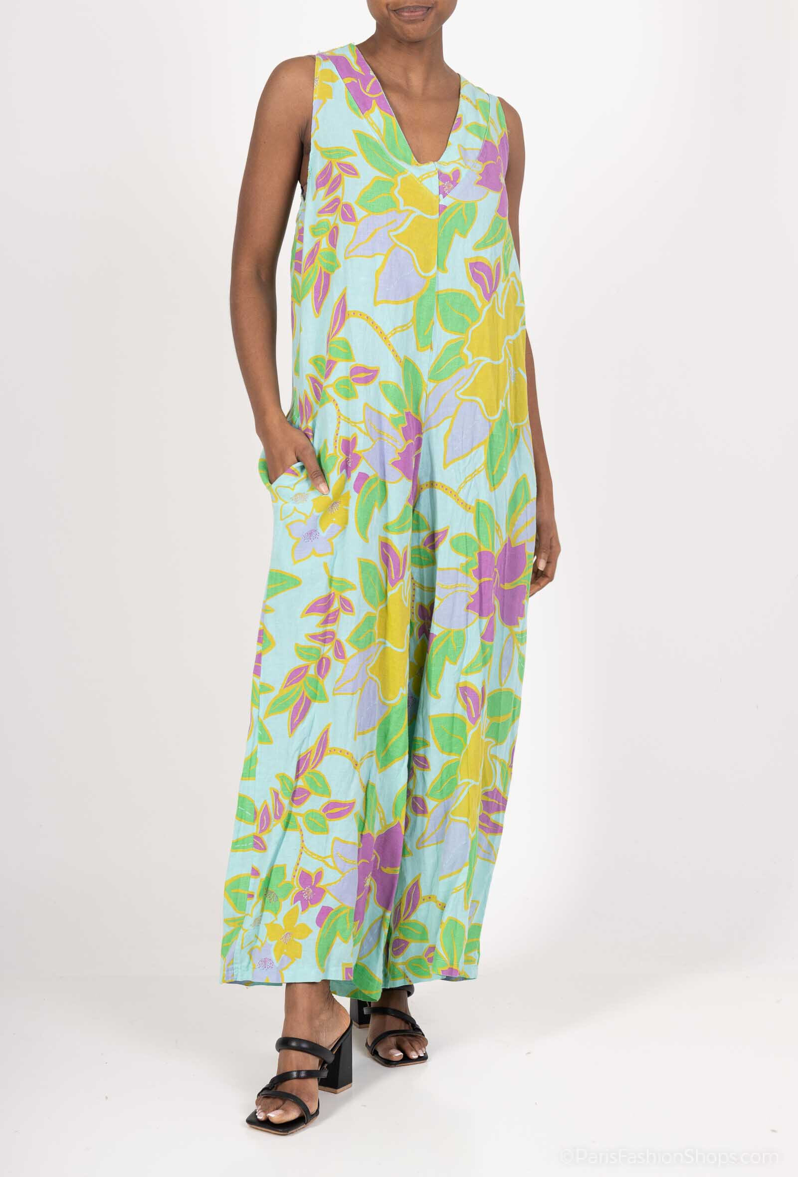 Wholesaler 123LINO - PRINTED V-NECK OVERALL JUMPSUIT ONE BOW AT THE BACK TWO INVISIBLE POCKETS