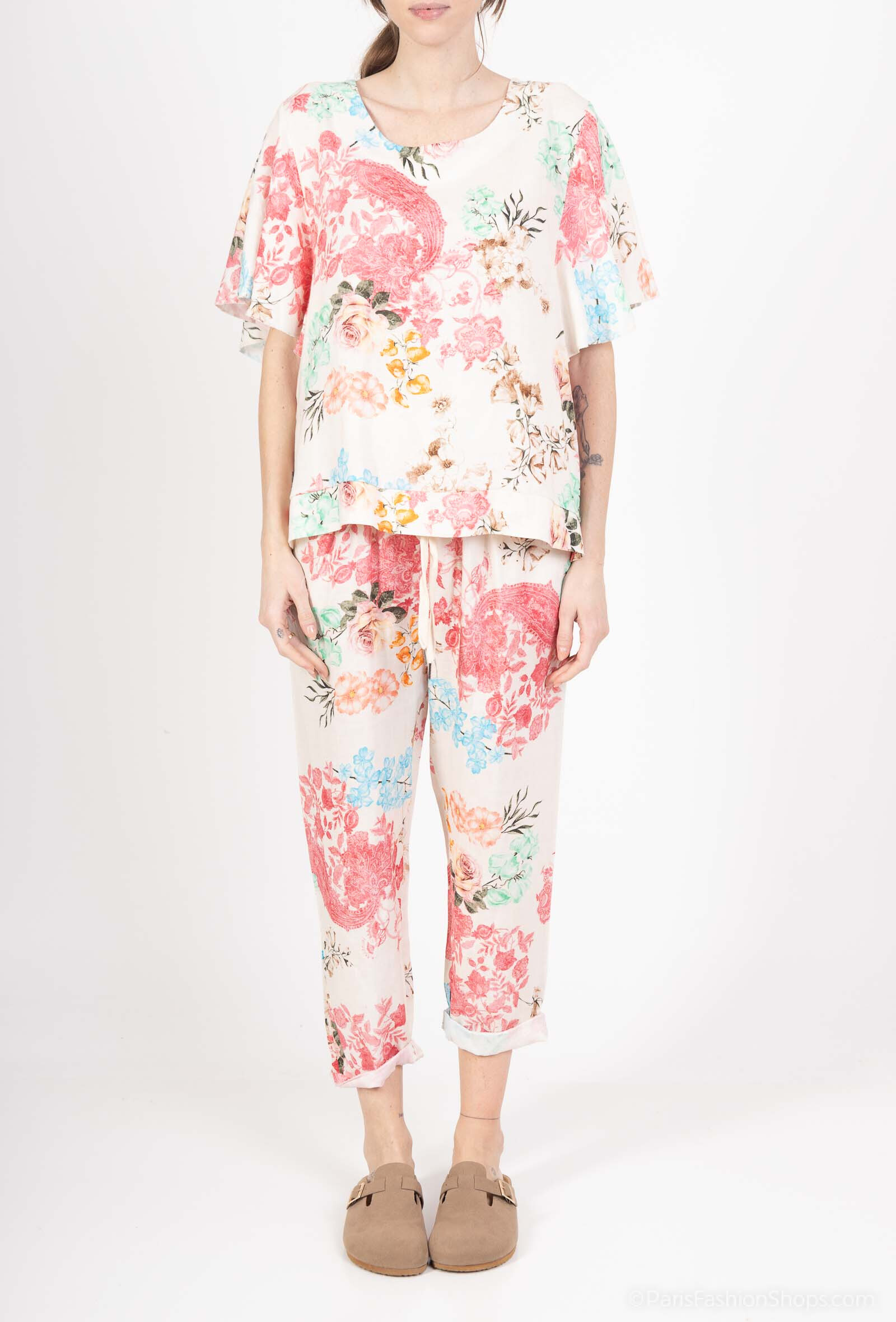 Wholesaler 123LINO - ROUND NECK TOP WITH ROUND SLEEVE AND TWO POCKET TROUSERS BELT WITH ROPE
