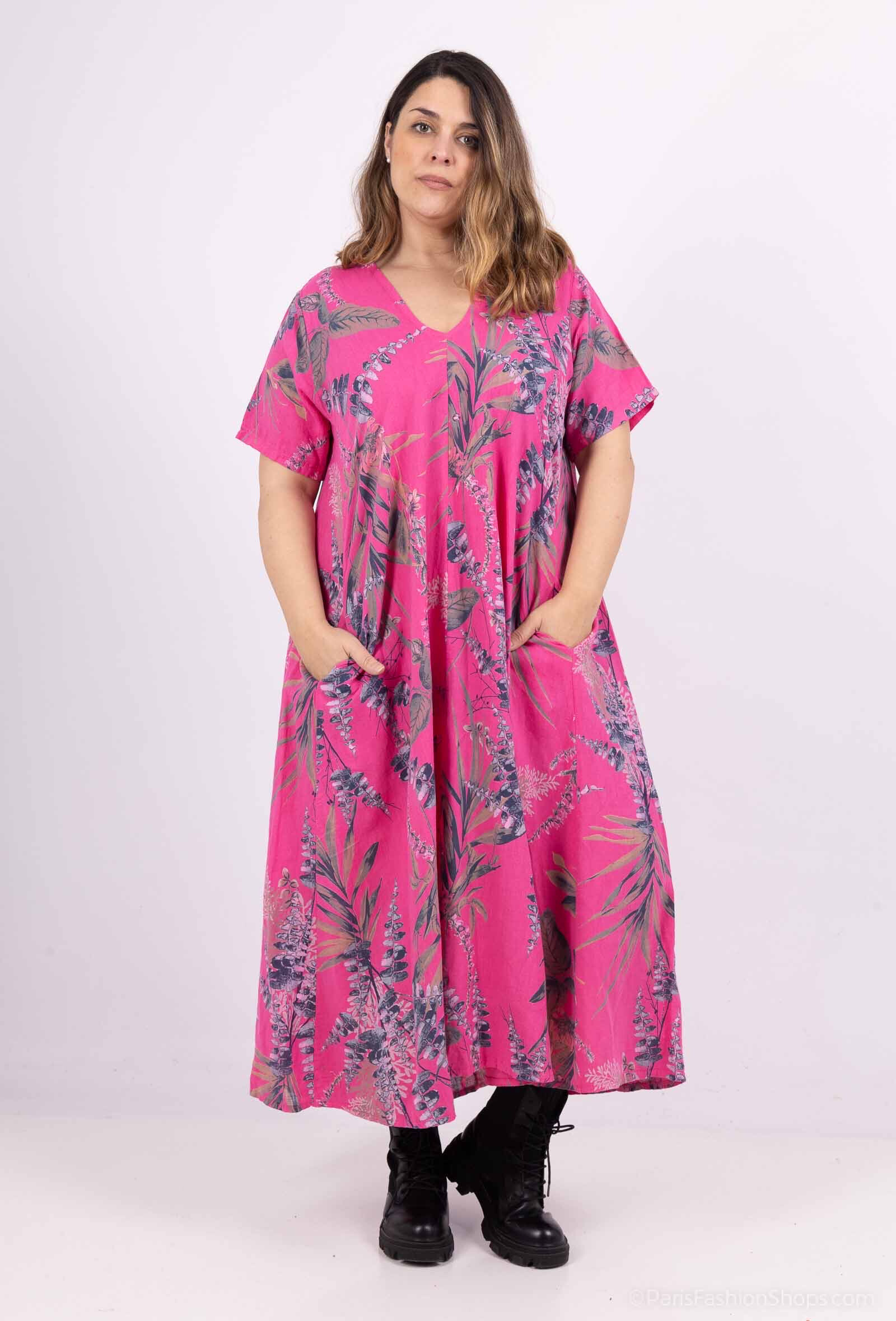 Wholesaler 123LINO - FLORAL LINEN DRESS V-NECK AND SHORT SLEEVE