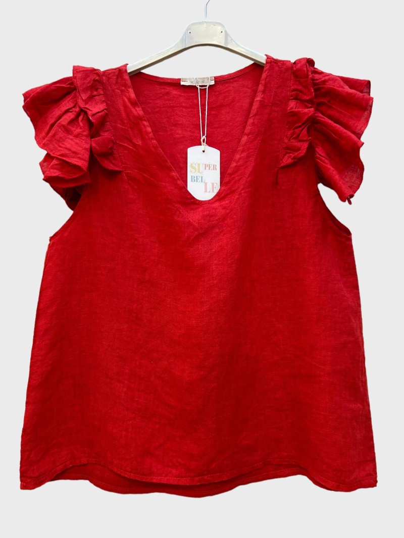 Wholesaler 123LINO - high V-neck top with small ruffled sleeves,
